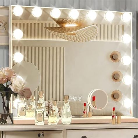 Ratsamee Hollywood Vanity Mirror with Lights, 23 x 18 Inch Led Vanity Mirror，15 Bulbs，3 Color Lights，Make Up Lighted Mirror, Aluminum Metal Frame,USB Charging Port（23" x 18"） Led Vanity Mirror, Vanity Mirror With Lights, Hollywood Vanity Mirror, Hollywood Vanity, Color Lights, Makeup Desk, Led Makeup Mirror, Lighted Mirror, Led Vanity