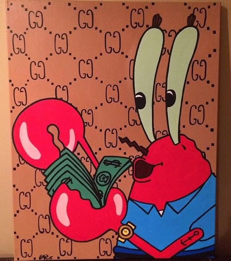 Mr Krabs Painting Canvas, Mr Krabs Painting, Spongebob Canvas Painting, Graffiti Drawings, Easy Graffiti, Crab Painting, Easy Graffiti Drawings, Spongebob Painting, Cd Art