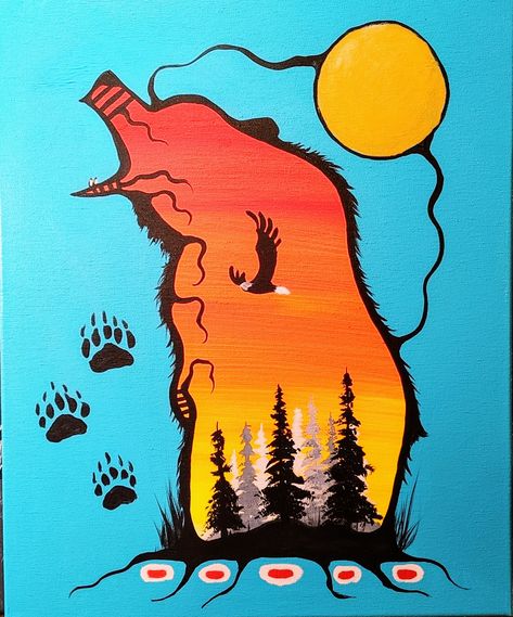 Sunset Bear 16x20" Native Painting Ideas, Canadian Indigenous Art, Indigenous Painting, Canadian Aboriginal Art, Kid Painting, Canadian Indigenous, Adirondack Style, Native Artwork, Native American Baskets