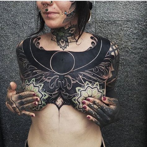 Chest Tattoo Cover Up, Chest Neck Tattoo, Mastectomy Tattoo, You Are Incredible, Blackout Tattoo, Chest Piece Tattoos, Mod Girl, Full Body Tattoo, Stomach Tattoos