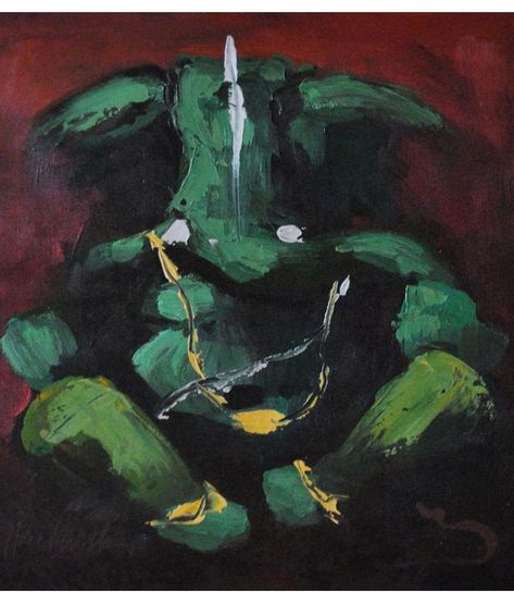 Abstract Ganesha Painting, Abstract Ganesha, Ganpati Art, Durga Painting, Indian God, Ganesh Art, Green Paintings, Indian Painting, Devi Durga