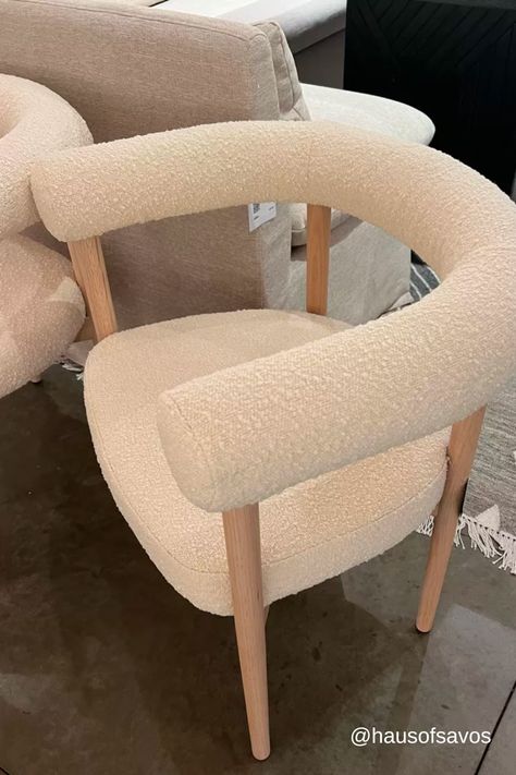 Boucle Dining Room Chair, Neutral Accent Chairs For Living Room, Cozy Neutral Dining Room, Boucle Accent Chair Living Room, Dining Room Chairs 2023, Boucle Dining Chair And Table, White Boucle Dining Chair, Organic Dining Chair, Barrel Chair Dining Room