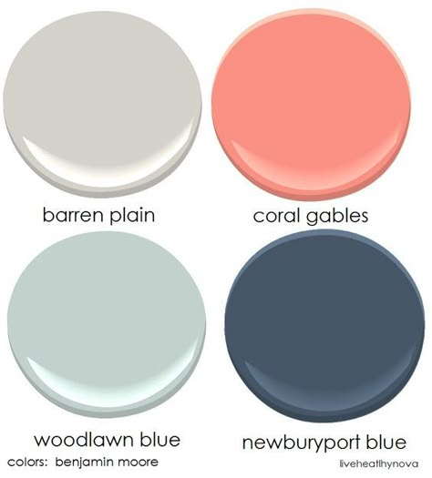 Family room color palette: benjamin moore colors Barran plain ... Blue And Coral Bedroom Decor, Coral And Blue Bedroom, Blue And Coral Bedroom, Coral Color Decor, Playroom Colors, Newburyport Blue, Color Palette Benjamin Moore, Woodlawn Blue, Coral Bathroom