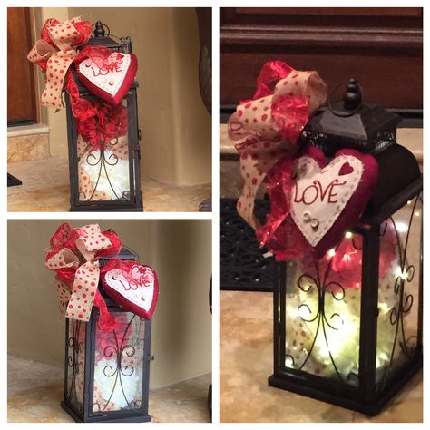 Valentine's decorated lantern Valentines Lantern Decor, Pink Lanterns Decor, Diy Lantern Ornament, How To Decorate A Lantern, Valentine’s Day Lantern Ideas, Valentine Lantern, Decorate Lantern, Valentine’s Day China Cabinet, Recycled Christmas Decorations