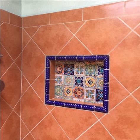 Talavera Restrooms, Mexican Restroom, Backyard Lights Ideas, Southwest Kitchens, Mexican Bathroom Ideas, Hacienda Bathroom, Mexican Style Bathroom, Tile Floor Ideas, Red Tile Floor