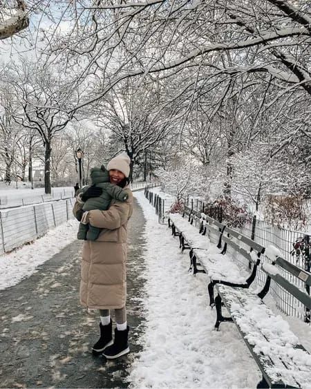 Winter coat ❄ beanie and baby snowsuit, winter outfit, snow outfits for women, snow aesthetic, snowsuit, Central Park, New York aesthetic, 2022 fashion trends | @prettyinthepines, New York City Lifestyle Blog #fashion #snow #outfits New York Winter Outfit Snow, Snowsuit Outfit Women, Baby Snow Outfit, New York Winter Outfit Cold Weather, Family Photoshoot Newborn, Winter Outfit Snow, Snow Coats, Snow Outfits For Women, Winter Family Photoshoot