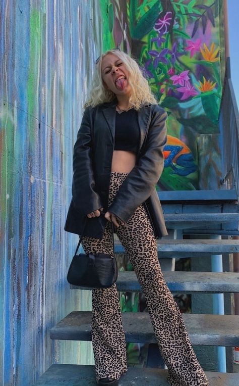 @cowwgurl03 on instagram #indieoutfits Black Trouser Pants Outfit, Tiffany Necklace Outfit, Cheetah Pants Outfit, Black Sunglasses Outfit, Trouser Pants Outfits, Leather Coat Outfit, Indie Outfit Inspo, Coat Outfit Casual, Cheetah Pants