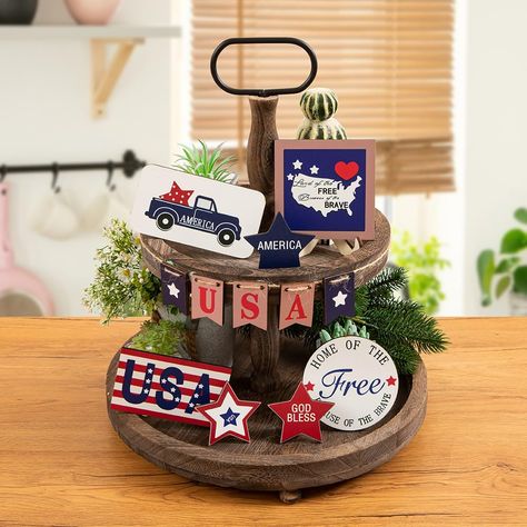 PRICES MAY VARY. Idea Memorial Day Decorations: the 4th of july tiered tray decor set comes with 21pcs Independence Day wood signs with artificial plants. This Transform your tiered trays into captivating showcases of elegance and charm with our 4th of july tiered tray decor. Each piece exudes undeniable adorableness, infusing your daily life with a touch of patriotic sophistication. Elevate your décor game effortlessly, making every moment a celebration of style and patriotism. THE TRAY IS NOT Wooden Tray Decor, 4th Of July Tiered Tray Decor, Patriotic Table Decor, Patriotic Tiered Tray Decor, Patriotic Tiered Tray, Independence Day Decoration, Table Centerpiece Decorations, Wooden Stars, Decor Figurines