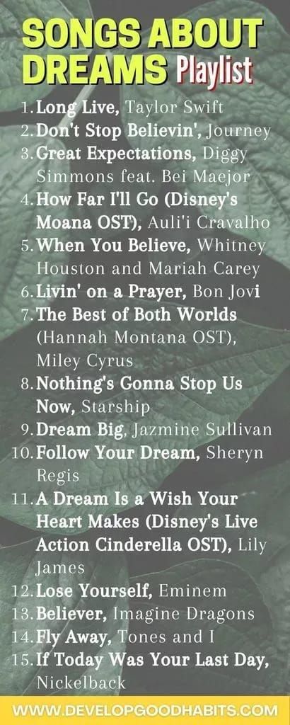 Songs about following your dreams. If you want to reach an "impossible" goal, don't let others hold you back. Things are only "impossible" until they are accomplished. See these songs about achieving your dreams (no matter what they are) to give you inspiration and motivation to chase and ultimately reach you goals. Dream The Impossible Dream, Happy Songs Playlist, Rich Garden, Empowering Songs, Song Lists, Positive Songs, Following Your Dreams, Running Playlist, Music List