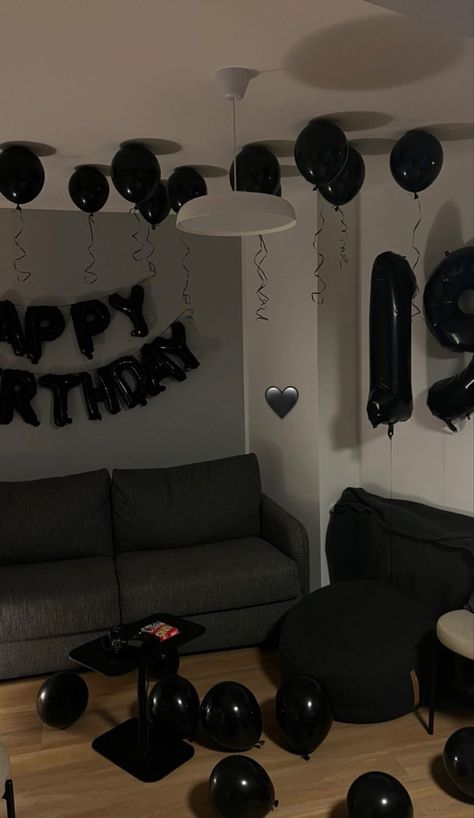 Black Birthday Design, Bf 19th Birthday, Black 19th Birthday Ideas, Birthday Decorations 19 Th, Black Bday Party Decor, Simple Black Birthday Decor, All Black Birthday Decorations, Black Birthday Set Up, 20th Themed Birthday Party