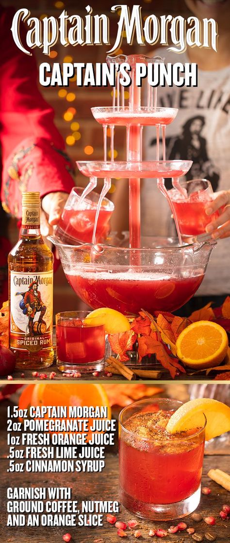 Hosting during the holidays can be made easy with one delicious recipe. Mix up the Captain's Punch by filling a drink dispenser with crushed ice, 1.5 oz Captain Morgan Original Spiced Rum, 2 oz pomegranate juice, 1 oz orange juice, 0.5 oz lime juice, and 0.5 oz cinnamon syrup. Stir to combine, then garnish each glass with an orange slice sprinkled with coffee and nutmeg. When family travels far to feast, you best have a Captain's concoction worth sharing. Spiced Rum Recipes, Mocktail Drinks, Rum Recipes, Cinnamon Syrup, Rum Cocktails, Orange Slice, Rum Punch, Captain Morgan, Cocktail Drinks Recipes