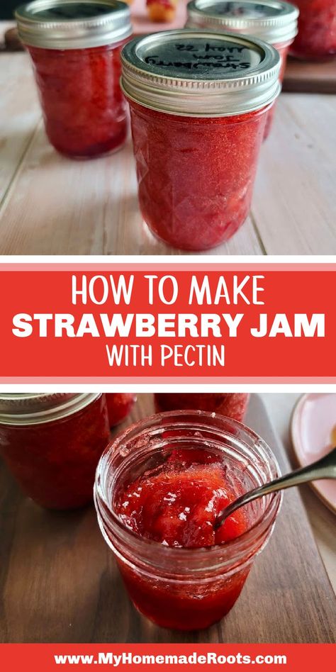 "Discover the sweet joy of homemade strawberry jam with this easy recipe using pectin! Learn how to preserve the vibrant flavors of fresh strawberries in a delightful spread perfect for toast, pastries, and more. Dive into the step-by-step process and bring a burst of summer to your pantry all year round! #StrawberryJam #HomemadePreserves #DIYJam Surejell Strawberry Jam Recipe, Canning Strawberry Jam With Pectin, Strawberry Jam Frozen Strawberries, Refrigerator Strawberry Jam Recipe, Certo Strawberry Jam, Strawberry Jam Recipe Canning No Pectin, How To Can Strawberry Jam, Strawberry Jam With Liquid Pectin, Fresh Strawberry Jam Recipes