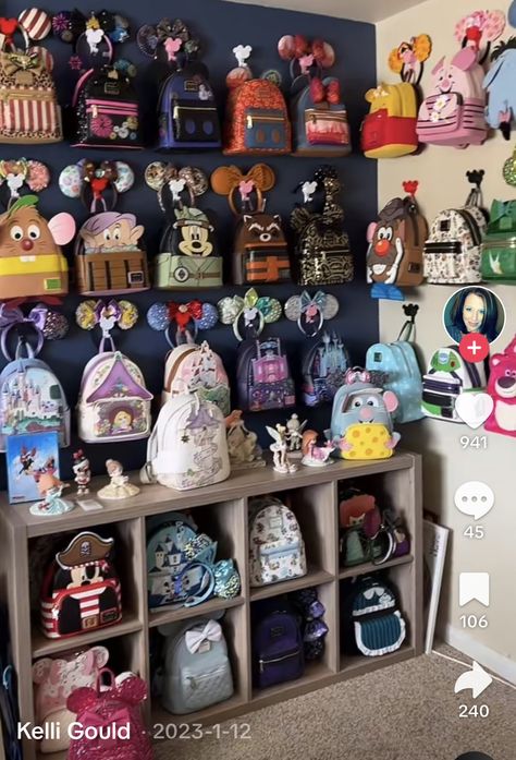 Disney Bag Display, How To Display Loungefly Backpacks, Loungefly Bag Display Wall, Loungefly Organization, Loungefly Storage, Loungefly Storage Ideas, Loungefly Bag Display, Disney Loungefly Backpack Display, Loungefly Display Ideas