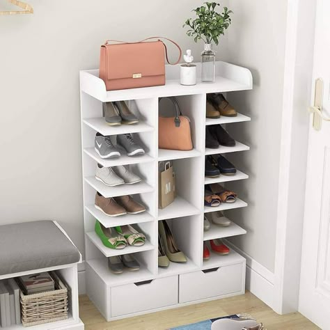 Amazon.com: Waktavel Free Standing Shoe Rack Organizer, Wooden White Vertical Shoe Rack with Drawer and Open Top, Space Saving Small Shoe Storage Stand for Entryway Hallway Bedroom (11" x 28" x 43") : Home & Kitchen White Wooden Shoe Rack, Wooden Shoe Rack Designs, Shoe Rack Drawer, White Shoe Rack, Shoe Rack For Small Spaces, Large Shoe Rack, Shoe Rack Ideas, Vertical Shoe Rack, Wooden Shoe Rack