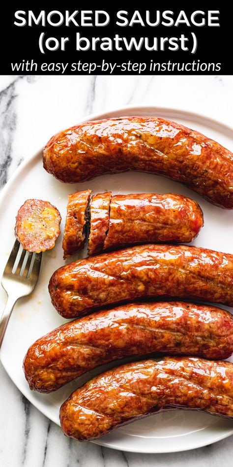 Everything is better in the smoker and these smoked sausages are no exception! They'll spend about 2-3 hours in the smoker and come out perfectly juicy and tender with a bit of a bite to the skin on the outside. If you've only had brats on the grill, I highly recommend trying them on the smoker next weekend! Sausage On The Smoker, Sausage Smoker Recipes, Sausage In Smoker, Best Smoked Sausage Recipe, Smoked Brats, Smoker Grill Recipes, Can Cooker, Smoked Jerky, Hot Recipes