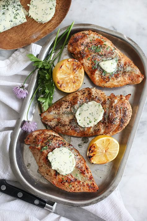 Grilled Chicken with Chive and Herb Butter foodiecrush.com Foodie Crush, Summer Cooking, Grilling Chicken Breast, Healthy Low Carb Recipes, Grilled Chicken Recipes, Herb Butter, Poultry Recipes, Butter Chicken, Chicken Breast Recipes