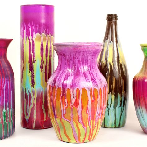 Glass vases in the style of Lisa Frank. Gloucestershire Resource Centre http://www.grcltd.org/scrapstore/ Mark Montano, Pottery Diy, Celebrity Home, Chrissy Metz, Tony Danza, Leann Rimes, Drip Art, Craft Books, Glazed Pottery