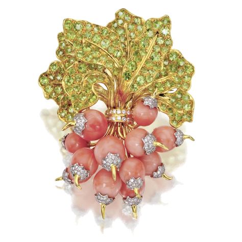 (#186) 18 Karat Gold, Coral, Peridot and Diamond 'Radishes' Clip-Brooch, René Boivin, Circa 1985 Vegetable Jewelry, Jean Schlumberger, That Dress, Vintage Bangles, Coral Jewelry, Radishes, Jewelry Diamond, High Jewelry, Conch