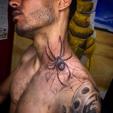 Spider Tattoo On Neck For Men Tattoo On Neck For Men, Men's Side Neck Tattoos, Unique Tattoos Ideas, Spider Tattoo Ideas, Tattoo Ideas Christian, Black Widow Spider Tattoo, Spider Tattoos, Front Neck Tattoo, Tattoo Ideas For Guys