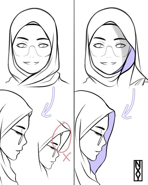 Hijab Styles Drawing, How To Draw Hajib, Hijab Fashion Drawing, How To Draw Hijab Step By Step, Hijab Back Pose, Hijabi Drawing Reference, Hijab Art Reference, Hijab Character Design, Headscarf Drawing