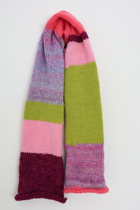 Multicolor Scrap Knit Scarf Colorblock Scarf Knit, Knit Tube Scarf, Knitted Scarf Inspiration, Color Block Crochet Scarf, Cute Knit Scarf, Knitted Scarf Ideas, Scrap Knitting Projects, Knit Scarf Aesthetic, Scrap Yarn Knitting Projects