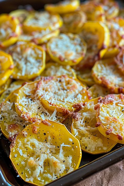 Baked Yellow Squash with Parmesan Topping Recipe Oven Roasted Yellow Squash, Squash Recipes Yellow, Parmesan Yellow Squash, Yellow Squash Casserole Recipe, Baked Squash Recipes, Baked Yellow Squash, Baked Summer Squash, Roasted Yellow Squash, Baked Parmesan Zucchini