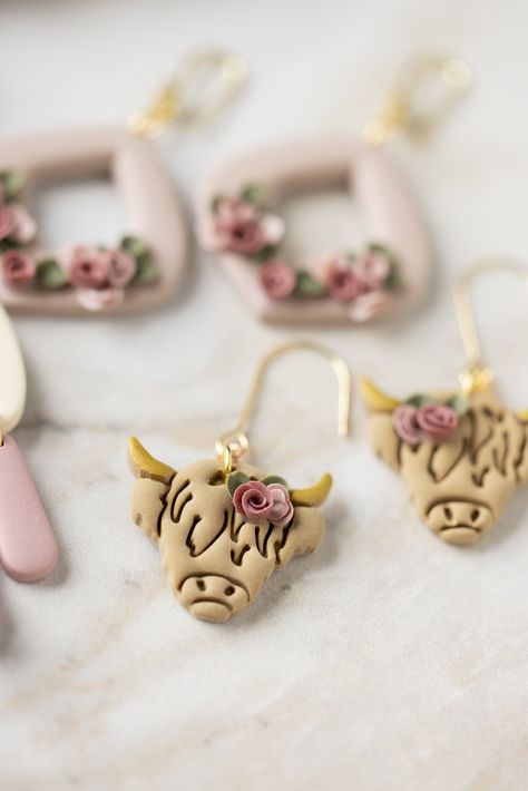 Highland Cow Clay Earrings, Highland Cow Clay, Cow Clay Earrings, Cow Polymer Clay, Cow Clay, Floral Highland Cow, Handmade Leather Jewelry, Shop Till You Drop, Highland Cow