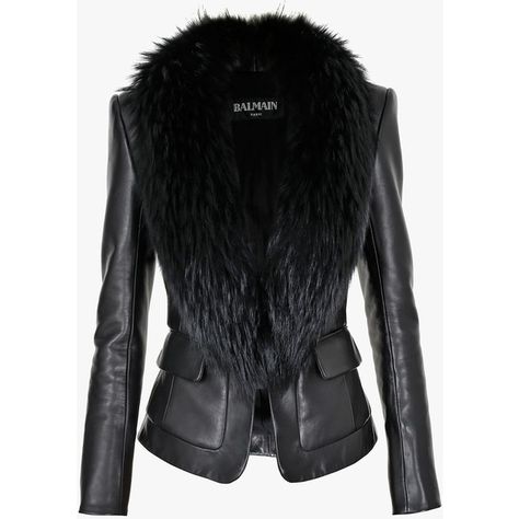 Balmain Fur-trimmed leather blazer (389,870 INR) ❤ liked on Polyvore featuring outerwear, jackets, blazers, fur collar jacket, cropped blazer, fur trimmed jacket, cropped leather jacket and real leather jacket Black Cropped Jacket, Leather Blazer Women, Balmain Jacket, Balmain Blazer, Jacket Fur, Fur Collar Jacket, Cropped Blazer Jacket, Leather Blazer Jacket, Cropped Leather Jacket