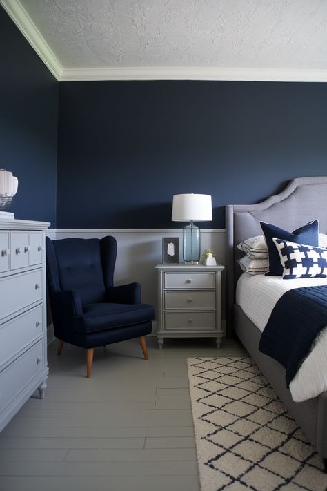 25 Dreamy Navy Blue and Grey Bedroom Ideas You'll Fall in Love With Navy Blue And White Wainscoting Bedroom, Navy Bedroom With Panelling, Gray And Navy Bedroom, Navy Blue And Grey Bedroom, Blue And Gray Bedroom, Blue Grey Bedroom, Blue And Grey Bedroom Ideas, Cream And Grey Bedroom, Navy Bedroom Ideas