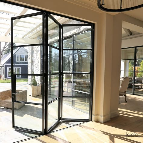 Thermally-broken Steel Outswing Folding Doors & Windows | Jada Folding Patio Doors, Folding Windows, Steel Doors And Windows, Folding Glass Doors, Doors Exterior, Steel Windows, House Extension, Extension Ideas, Kitchen Extension