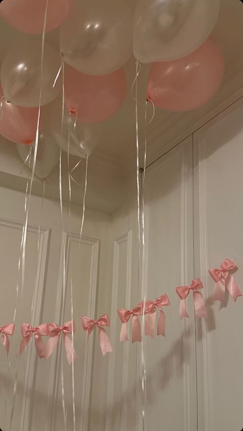 Cute Simple Bday Decor, Girly Birthday Balloons, 18th Birthday Party Pink And White, Pink Coquette Birthday Decorations, Pink Aesthetic Birthday Decor, Simple Cute Birthday Decor, Pink Aesthetic Birthday Theme, Pink And White 18th Birthday Party, Baby Pink Birthday Theme