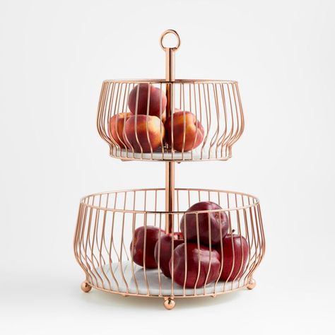 Likes: Copper. Less wire than other one. Slightly funky shape is okay. Marble in bottom is nice touch. Fruit And Vegetable Storage Countertops, Kitchen Fruit Storage, Entryway Essentials, Farmers Market Produce, Modern Fruit Bowl, Tiered Fruit Basket, Wellness Room, Registry Ideas, Christmas Tree Candle Holder