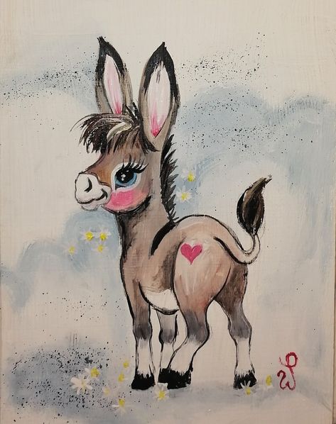 Donkey Nail Art, Cute Donkey Drawing Art, Donkey Drawing, Donkey Art, Farm Animal Paintings, Shirt Painting, Baby Animal Drawings, Cute Donkey, Folding Seat