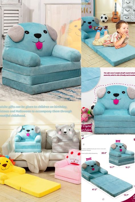 HIGOGOGO Cartoon Foldable Kids Sofa, Plush Cat Shape Children Couch Backrest Armchair Bed with Pocket, Upholstered 2 in 1 Flip Open Couch Seat for Infant Toddler Baby Boys Girls, Blue Baby Sofa, Mini Couch, Couch Seats, Armchair Bed, Folding Sofa Bed, Folding Sofa, Dark Home Decor, Sofa Cama, Kids Sofa