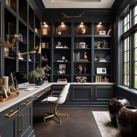 Best Moody Paint Colors of 2024 Moody Office With Couch, Dark Moody Study, Black Bookshelves Office, Tricorn Black Office, Dark Home Office Design, Black Walls Home Office, Moody Office Inspiration Cozy, Moody Library Paint Colors, Moody Blue Library