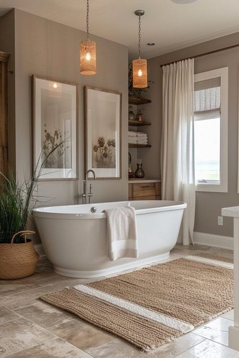 Cozy Luxury Bathroom, White And Taupe Bathroom, Blue And Beige Bathroom Ideas, Taupe Master Bath, Contemporary Classic Bathroom, Cozy Guest Bathroom, Warm Transitional Bathroom, Taupe Bathroom Walls, Tan Bathrooms