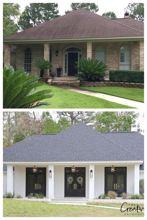 Before And After Home Exterior, Painted Brick Ranch, Home Exterior Remodel, Exterior Home Renovation, Country House Exterior, Ranch House Remodel, Brick Homes, Painted Brick House, Ranch House Exterior