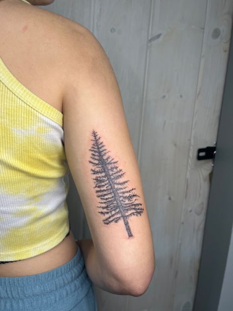 Done by @whisperingpinesasthetics on jnsta Tree Tattoo On Calf, Tattoo On Calf, Oak Tree Tattoo, Pine Tree Tattoo, Hiking Tattoo, Calf Tattoo, Tree Tattoo, Oak Tree, Pine Tree