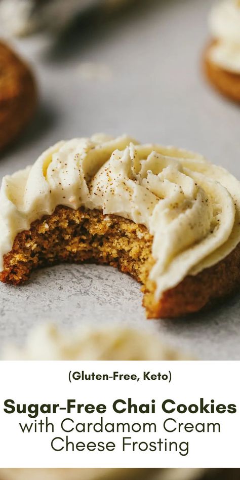 Sugar-Free Chai Cookies with Cardamom Cream Cheese Frosting with a bite taking out of the cookie Chai Spice Recipe Desserts, Cardamon Cookies, Chai Spice Recipe, Chai Cookies Recipe, Chai Spice Cookies, Chai Cookies, Cardamom Recipe, Spice Cookie Recipes, Gluten Free Oatmeal Cookies