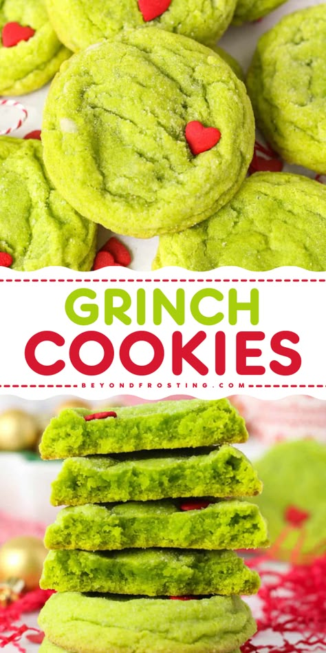 Looking for simple cookies? Here's an easy dessert idea featuring soft and chewy sugar cookies with crispy edges! So fun and delicious, this Grinch cookie recipe will become one of your favorite things to bake! Green Sugar Cookies, Grinch Cookies Recipe, Green Treats, Cookies Recipe Video, Drop Sugar Cookies, Grinch Cookies, Christmas Eats, Delicious Christmas Cookies, Chewy Sugar Cookies