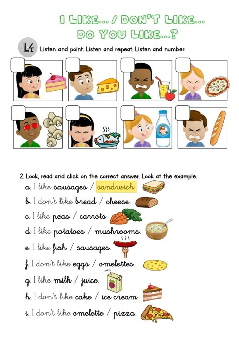 Likes and dislikes online worksheet for Grades 1-2. You can do the exercises online or download the worksheet as pdf. Like And Don't Like Activities, Yes I Do No I Dont Worksheet, I Like I Don't Like Worksheets For Kids, There Is There Are, Do Like, Like And Dislike, Back To School Worksheets, Reading Comprehension For Kids, English Activities For Kids