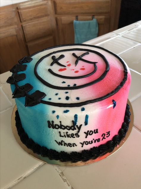 Blink 182 birthday cake for my daughter’s 23rd birthday from best bakery (Old Tyme Pastries in Turlock, CA). Blink 182 23 Cake, Blink 182 Themed Party, 23 Birthday Cake Ideas, Blink 182 Cake 23rd Birthday, Blink 182 Birthday Theme, Emo Birthday Party Theme, Emo Birthday Cake, 23rd Bday Cake, Blink 182 Birthday Party