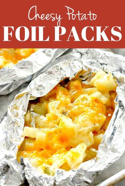 Cheesy Potatoes Foil Packets - easy and delicious side dish that can be baked in the oven or cooked on the grill. The potatoes are loaded with cheese! #foilpacks #potatoes #grilling #sidedish Potato Foil Packets, Foil Potatoes On Grill, Foil Potatoes, Potato Pizza Recipe, Foil Packet Potatoes, Foil Pack Dinners, Foil Pack Meals, Foil Dinners, Foil Packs