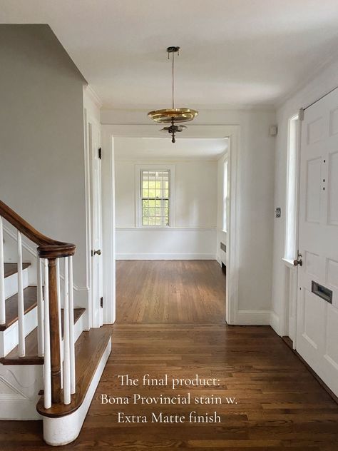 We recently refinished the red oak floors in our colonial New England ... | TikTok Perfect Stain Color, Dark Wood Floors Living Room, Hardwood Floor Stain Colors, Colonial New England, Classic Wood Floors, Oak Floor Stains, Floor Stain Colors, Wood Floor Stain Colors, Walnut Wood Floors