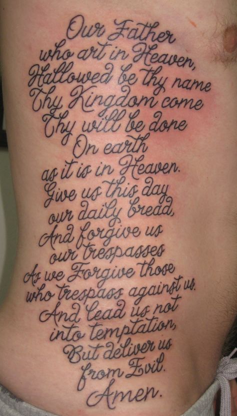 catholic the lords prayer ribs side  irish street tattoo downpatrick belfast northern ireland The Lords Prayer Tattoo, Lords Prayer Tattoo, Country Tattoo, Tattoo On Ribs, Prayer Tattoo, Our Father Prayer, Our Father Who Art In Heaven, Country Tattoos, Street Tattoo