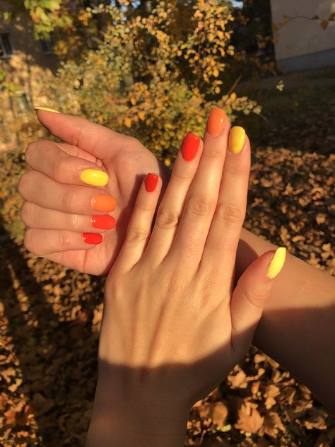 Red Ombre Acrylic Nails, Red Orange Nails, Orange Ombre Nails, Different Color Nails, Ombre Acrylic, Orange Nail Designs, Ombre Acrylic Nails, Grunge Nails, Red Ombre