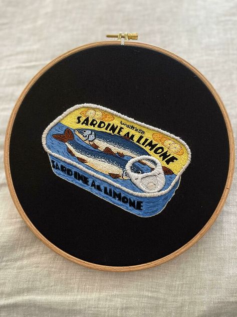 Finished The Sardine Can. I’m Really Happy With How The Fish Turned Out Sardines Embroidery, Sardine Embroidery, Interesting Embroidery, Embroidery Fish, Sardine Can, Fish Embroidery, Pocket Full Of Sunshine, Pasta Water, Pocket Embroidery