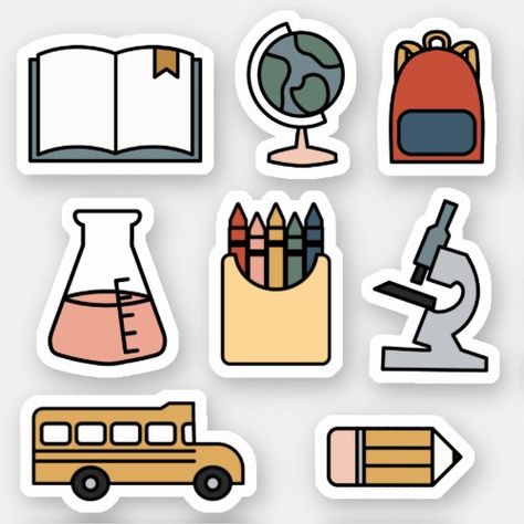 Back to School Planner Stickers Bus Crayon Book Back to School Stickers - teacher, school, planner sticker, back to school, bus, globe, book, bookbag, microscope, classroom School Supplies Stickers Printable, Stickers For School Notebooks, Back To School Stickers Aesthetic, Stickers About School, School Subject Stickers Aesthetic, School Aesthetic Stickers, Back To School Drawings, School Stickers Printable, Back To School Doodles