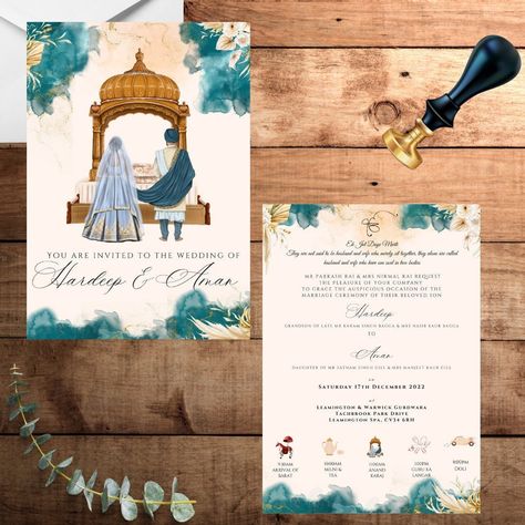 Wedding Invitation Front Page, Desi Wedding Invitations, Indian Wedding E Invite, Indian Wedding Invite Illustration, Indian Wedding Illustration Invitations, Indian Wedding Digital Invitation, Sikh Wedding Invitations Cards, Modern Indian Wedding Invitations, Sikh Wedding Invitation