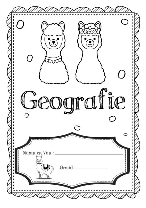 Llama skool voorblad - School page covers Geografie Geography Cover Page, File Dividers, Cover Page For Project, School Book Covers, Book Cover Page, Folder Cover, Tracing Worksheets Preschool, School Coloring Pages, Worksheets Preschool